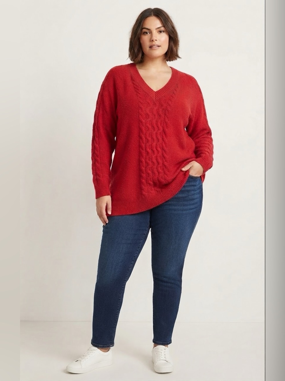 Lane Bryant Red V-Neck Cable Knit Sweater